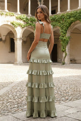 Knotted Sage Ruffles Mermaid Tiedred Maxi Dress