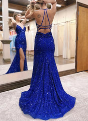 Mermaid Halter Sequins Long Prom Dress with Silt