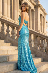 Mermaid V Neck Cutout Blue Long Prom Dress