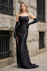 Black Spaghetti Straps High Slit Mermaid Satin Pleated Prom Dress