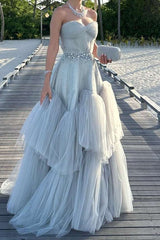Strapless A-Line Tulle Long Prom Dress With Beading