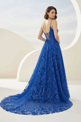 Royal Blue - A-Line Sequined Lace V Neck Long Prom Dresses