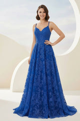 Royal Blue - A-Line Sequined Lace V Neck Long Prom Dresses