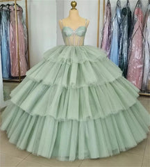 Sage Green Luxury Tiered Tulle Ruffles Beaded Ball Gown Quinceanera Dress