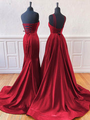 Burgundy Sleeveless Satin Long Prom Dress With Split