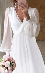 A-Line V-Neck Long Sleeves Elegant Casual Asymmetrical Chiffon Wedding Dress with Zipper Back