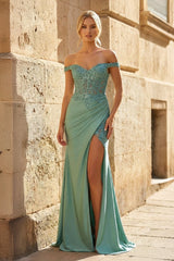 Green Off The Shoulder Appliqued Mermaid Prom Dress With Split