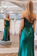 Emerald Satin Off-the-Shoulder Mermaid Long Formal Dress with Slit
