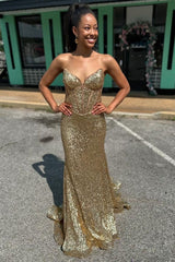 Gold Strapless Mermaid Sequins Long Prom Dress