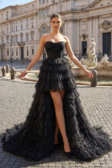 Black Strapless High Low Ruffles Tulle Prom Dress