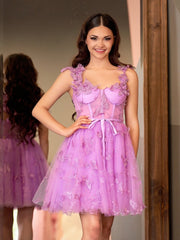 A Line Short Tulle Lilac Homecoming Dress with 3D Butterflies