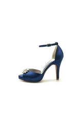 Royal Blue Silk Heels with Crystal Flower Ornament