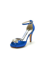 Royal Blue Silk Heels with Crystal Flower Ornament