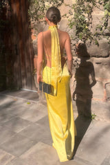 Yellow - Halter Deep V Neck Satin Sheath Backless Long Prom Dresses