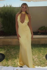 Yellow - Halter Deep V Neck Satin Sheath Backless Long Prom Dresses