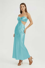 Aqua Strapless Sheath Satin Open Back Prom Dresses With Cutout