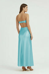 Aqua Strapless Sheath Satin Open Back Prom Dresses With Cutout