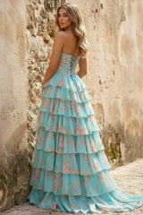 Aqua - Scoop Neck A Line Floral Chiffon Ruffled Prom Dresses With Beading