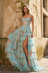 Aqua - Scoop Neck A Line Floral Chiffon Ruffled Prom Dresses With Beading
