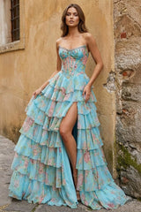 Aqua - Scoop Neck A Line Floral Chiffon Ruffled Prom Dresses With Beading