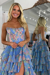 Periwinkle - Scoop Neck A Line Floral Chiffon Ruffled Prom Dresses With Beading