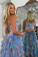 Periwinkle - Scoop Neck A Line Floral Chiffon Ruffled Prom Dresses With Beading