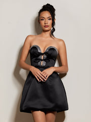 Black - Strapless A-Line Beaded Satin Homecoming Dress With Bow