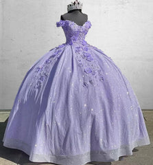 Off the Shoulder Lavender Glitter 3D Floral Quinceanera Dresses