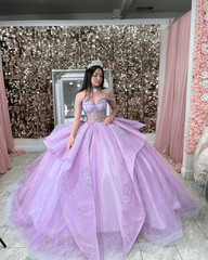 Off The Shoulder Lavender Tulle Ball Gown Quinceanera Dresses