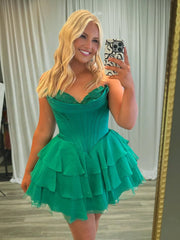 Emerald - A-Line Sweetheart Corset Ruffle Homecoming & Cocktail Dresses With Applique
