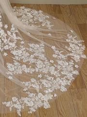 Ombre Champagne Floral Lace Ivory Cathedral Veil with Blusher Bridal Veil Wedding Veil