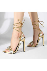 Open Toe Crystal-Embellished Metallic Lace-Up Stiletto Heels