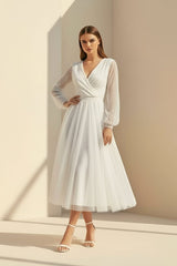 A-Line Tulle White Tea-Length Long Sleeve Wedding Dress