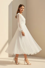 A-Line Tulle White Tea-Length Long Sleeve Wedding Dress