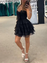 Black - A Line Tulle Ruffles Sweetheart Short Homecoming Dresses with Bow