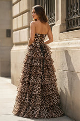 Leopard Strapless A Line Chiffon Ruffled Long Prom Dresses With Appliques