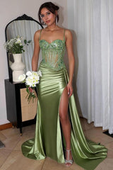 Silver Spaghetti Straps Mermaid Appliqued Prom Dress With Split