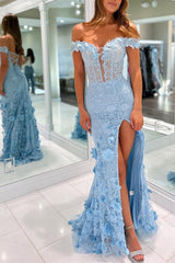 Off The Shoulder Floral Lace Long Prom Dress With Split