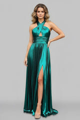 Peacock Blue Halter Neck A-Line Long Prom Dress With Split