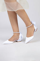 Pearl Ribbon Pointed Toe Ankle Strap Kitten Heels