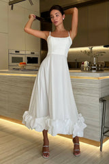 A Line Satin White Long Prom Dresses with Ruffles