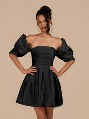 Black - A Line Satin Strapless Puffed Sleeves Short Homecoming Dresses