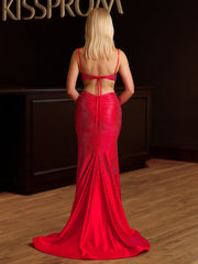 Red Spaghetti Straps Cutout Beaded Mermaid Long Dress With Split