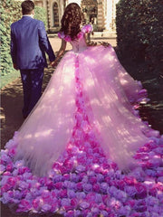 Pink Cathedral Train 3D Flowers Applique Wedding Gown Quinceanera Dresses