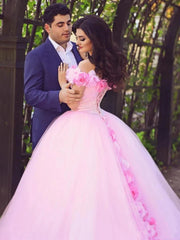 Pink Cathedral Train 3D Flowers Applique Wedding Gown Quinceanera Dresses