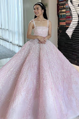 Pink Straps Sequin Beaded Long Ball Gown Quinceanera Dresses
