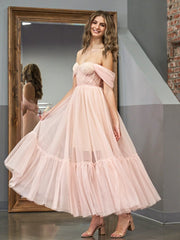 A-Line Rose Pink Tulle Sweetheart Tea-Length Prom Dress