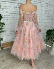 A-line Light Pink Embroidery Off the Shoulder Prom Dress