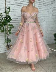 A-line Light Pink Embroidery Off the Shoulder Prom Dress