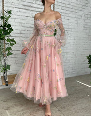 A-line Light Pink Embroidery Off the Shoulder Prom Dress